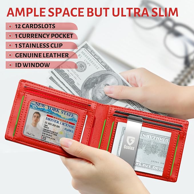 GSOIAX Slim Leather RFID Bifold Wallet for Men Minimalist Front Pocket Wallet with Money Clip,12 Card Slots,ID Window,Cool Groove Design,Includes Gift Box (Leather Black Red)