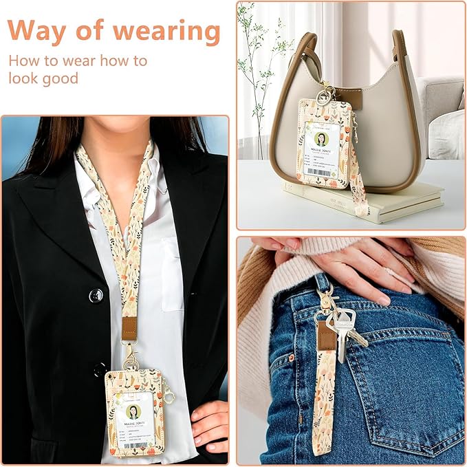Bolimoss Floral Lanyard for ID Badge Wallet with Zipper Pocket, Cute Women Badge Holder with Detachable Neck Wrist Lanyard, ID Name Tag Work Badge Clip