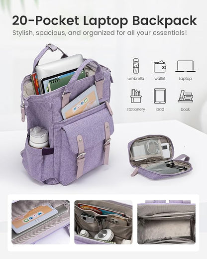 LOVEVOOK 15.6 inch Laptop Backpack for Women, Teacher Nurse Work Travel Backpacks Purse,Computer Bag, Purple
