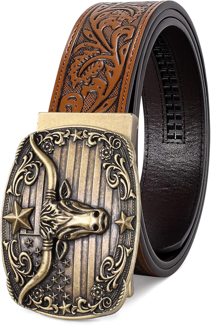 SANSTHS Western Cowboy Ratchet Belts for Men Women Leather Cowboy Belt with Automatic Western Buckle for Jeans Gifts