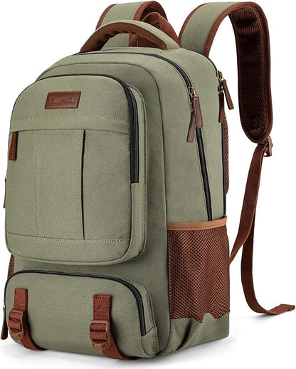 Tzowla Canvas Laptop Backpack, Bag for Men Women,Travel Work Rucksack Fits 17.3 Inch Laptop, Large Capacity Bookbag(Green)