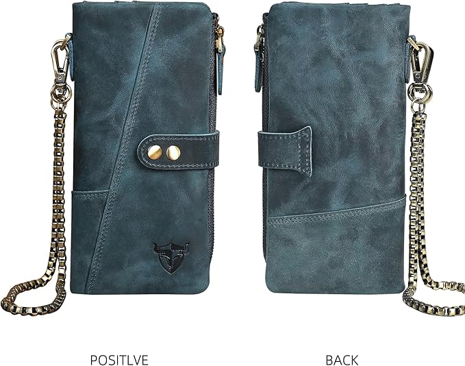 Genuine Crazy Horse Leather Travel Gift Coin Pocket Card Case Long Organizer Chain Rfid Wallet Purse With Snap For Men Male 1803 1815 (1803 The Blue)