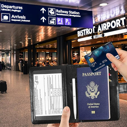 RSAquar Unisex Faux Leather Passport and Vaccine Card Holder Combo, Black, Slim and Lightweight with RFID Blocking Technology