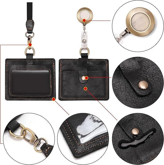 Wonderpool Leather Horizontal Badge Holder with Detachable Neck Lanyard and Retractable Badge Reel Clip, Card Slots Case ID Card Holder for ID Badges Card and Driver Licence (Black)