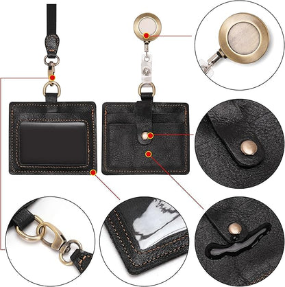 Wonderpool Leather Horizontal Badge Holder with Detachable Neck Lanyard and Retractable Badge Reel Clip, Card Slots Case ID Card Holder for ID Badges Card and Driver Licence (Black)