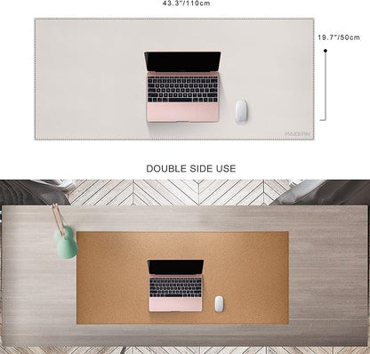 MAIDERN 43.3”x 19.6” Leather Desk Mat, Large Desk Pad, Cork & Leather Large Mouse pad for Desk, Waterproof Computer Desk Mat for Gaming Home Office (Cream)