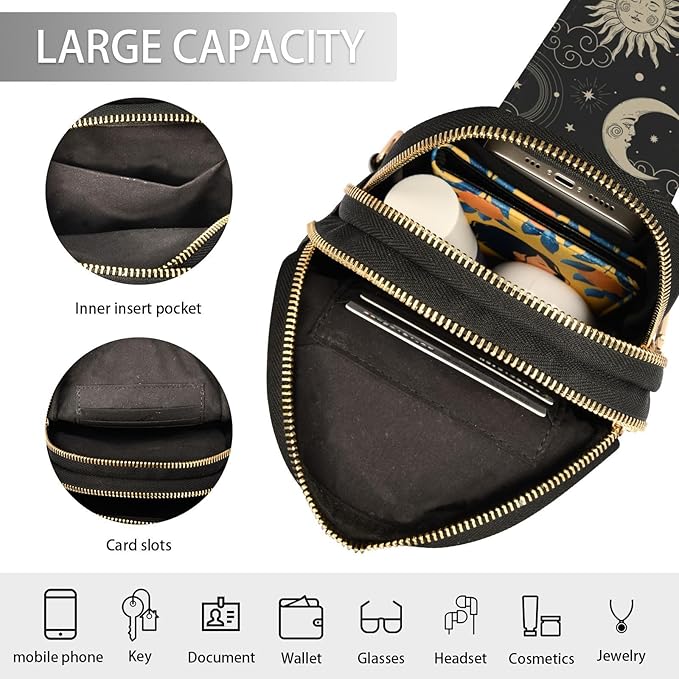 ZAZYXTJ Celestial Bohemian Moon Crossbody Sling Bag for Women Leather Small Chest Bag Adjustable Straps Daypack for Travel Sport Hiking