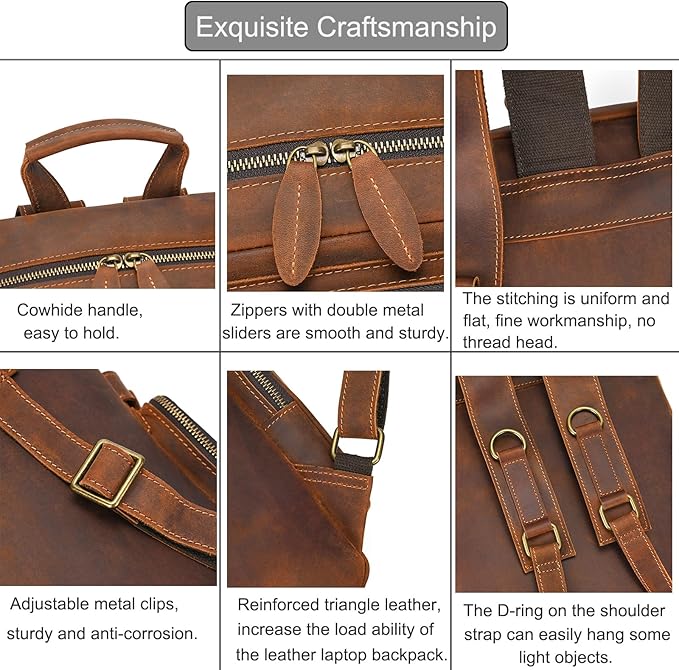 LUUFAN Full-grain Leather Laptop Backpack for Men Large Capacity Crazy Horse Leather Daypack Business Travel Outdoor Shoulder Bag, Brown
