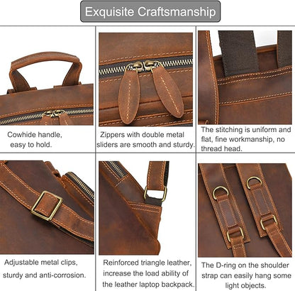 LUUFAN Full-grain Leather Laptop Backpack for Men Large Capacity Crazy Horse Leather Daypack Business Travel Outdoor Shoulder Bag, Brown