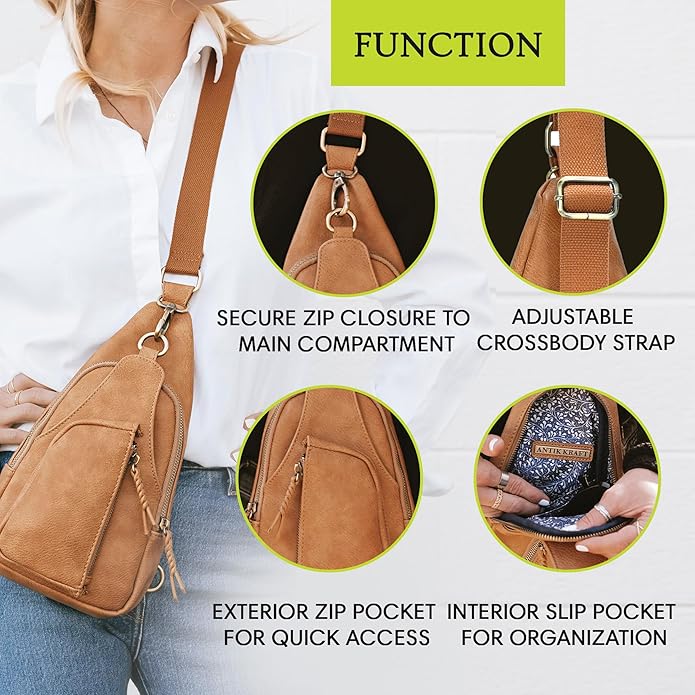 MMS Brands Antik Kraft Tasha Crossbody Sling | Vegan Leather Crossbody Bag for Women with 16-20" Strap | Sling Bags for Women