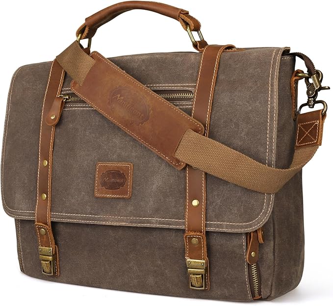 Manificent Laptop Messenger bag for Mens 15.6 Inch, Waterproof Vintage Genuine Leather Mens Briefcase shoulder bag 16 Storage Pockets, Waxed Canvas Leather Computer Business Satchel Work Bag (Brown)