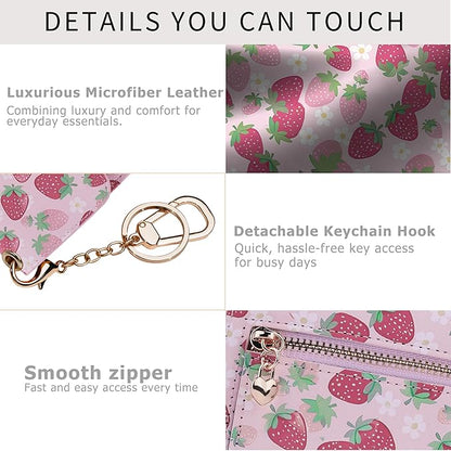 Women Small Wallet RFID Blocking Slim Wallet with Coin Pocket Tri-Fold Credit Card Holder with ID Window and Keychain (Strawberry)