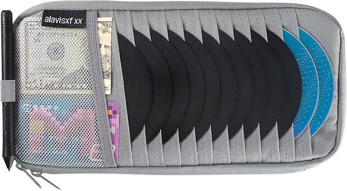 alavisxf xx Car CD Holder, DVD Vehicle Visor Storage Organizer, Large Capacity CD Visor Case Holder with 12 Sleeves, 1 Mesh Pocket, 1 Pen Holder, 1 Back Inner Pocket (Grey)