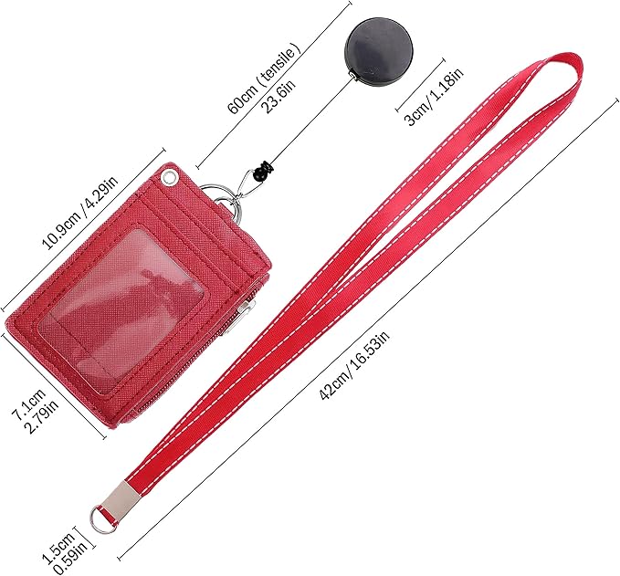 【2025 Latest】 Cute ID Badge Holder Retractable Lanyard Reel Clip with Heavy Duty Carabiner, 5 Card Slots in 2 Sided with Key Ring and Zipper for Women Students Teens Girls Office Staff (Red)