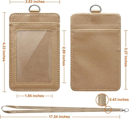 PU Leather ID Badge Holder, Life-Mate ID Badge Holder with 1 Clear ID Window 1 Credit Card Slot and PU Leather Lanyard for Badge Credit Cards College ID Cards in Champagne Gold
