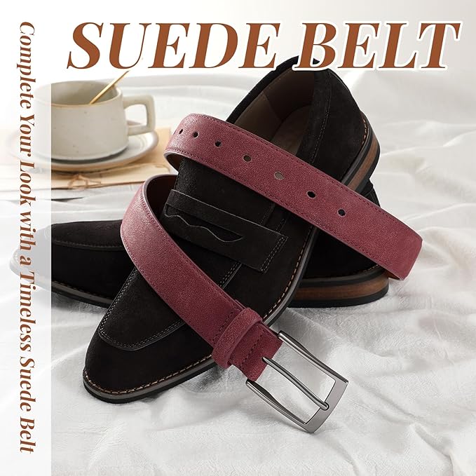 XZQTIVE Mens Suede Belt - 1 3/8" Genuine Leather Dress Belt for Jeans Dress Handmade Classic Every Day Belt