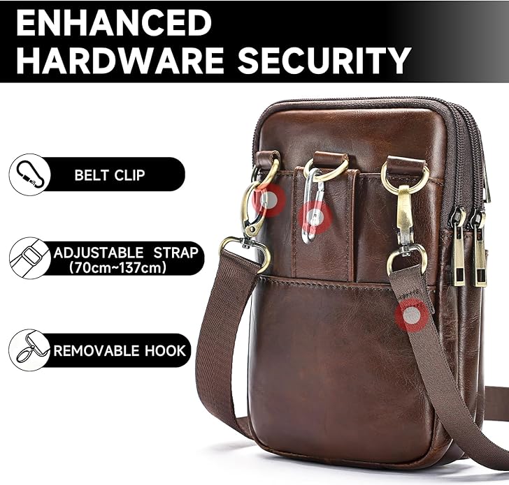 MASIWEI Real Leather Crossbody Bag for Men Women Hiking Small Purse Convertible Belt Loop Shoulder Bag for Phone Passport