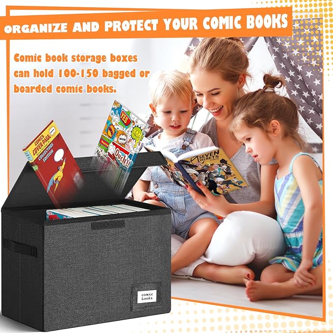 Leffis 4 Pack Comic Book Storage, Collapsible and Stackable Comic Short Box, Moistureproof Comic Box with Lid and Label Slot 15.5" X 7.5" X 11.3" Holds 150 Comics