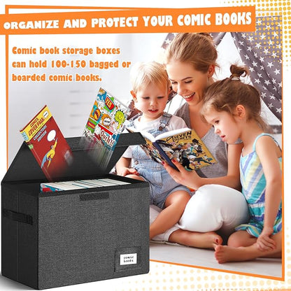 Leffis 4 Pack Comic Book Storage, Collapsible and Stackable Comic Short Box, Moistureproof Comic Box with Lid and Label Slot 15.5" X 7.5" X 11.3" Holds 150 Comics