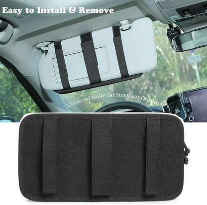 Heavy Duty Molle Car Sun Visor Organizer - Tactical Car Accessories with Zipper Visor Storage Pouch,Glasses Clip and Card Sleeve Pocket, Multi-Pocket Visor Organizer Storage Pouch for Cars SUVs Trucks