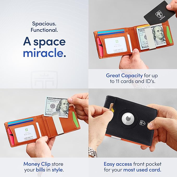 TRAVANDO AirTag* Wallet Mens Wallet with Money Clip Air Tag Wallet Card Holder RFID Blocking Bifold Gifts for Men