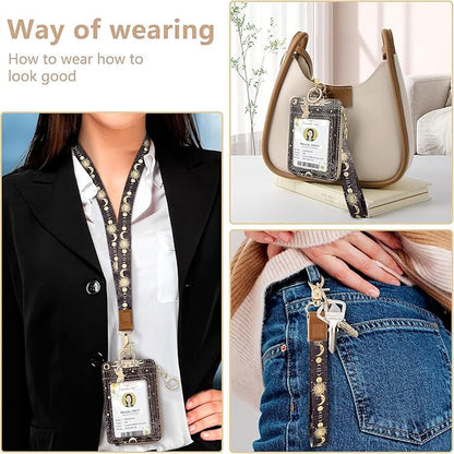 bolimoss Sun and Moon Lanyard Wallet, Boho Lanyard with Wallet,ID Badge Holder with Neck & Wristlet Lanyard, Pu Leather Zip Id Case Wallet with Breakaway Lanyard, Keychain Wallet for Women