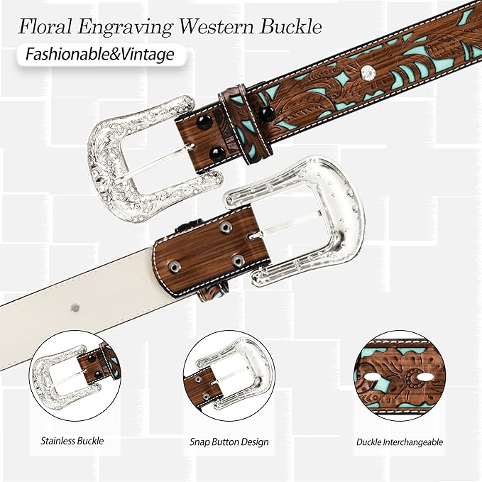 INOGIH Adjustable-Vintage-Western-Cowboy-Belt Women Men - Cowboy-Style Engraved-Buckle Belt for Jeans Pants Dresses