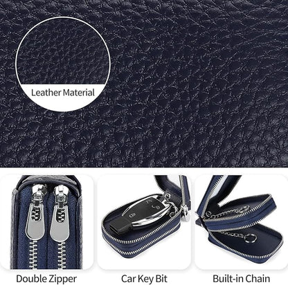 SENDEFN Car Key Fob Case Double Zipper Leather Smart Remote Keychain Protector Holder with Transparent Window