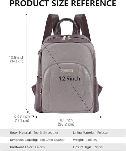 Blofinche Women's Genuine Leather Travel Backpack, 12.9 Inch Laptop Backpack with Anti-Theft Pocket, Durable Computer Bag for Work & Commuting, Coffee Brown