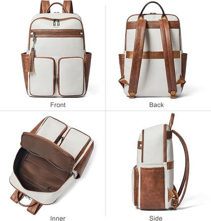 Shrrie Laptop Backpack for Women 16 Inch,Vegan Leather Travel Backpack Purse Work Business Computer Backpacks Teacher Nurse College Laptop Bookbag Casual Daypack,Beige with Brown