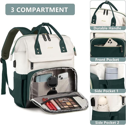 Laptop Backpack Women Work Bag: 15.6 inch Work Bookbag with USB Charging Port Large Travel Backpack Purse for College Nurse Casual Daypack for Teacher Professional Computer Backpack Beige Dark Green