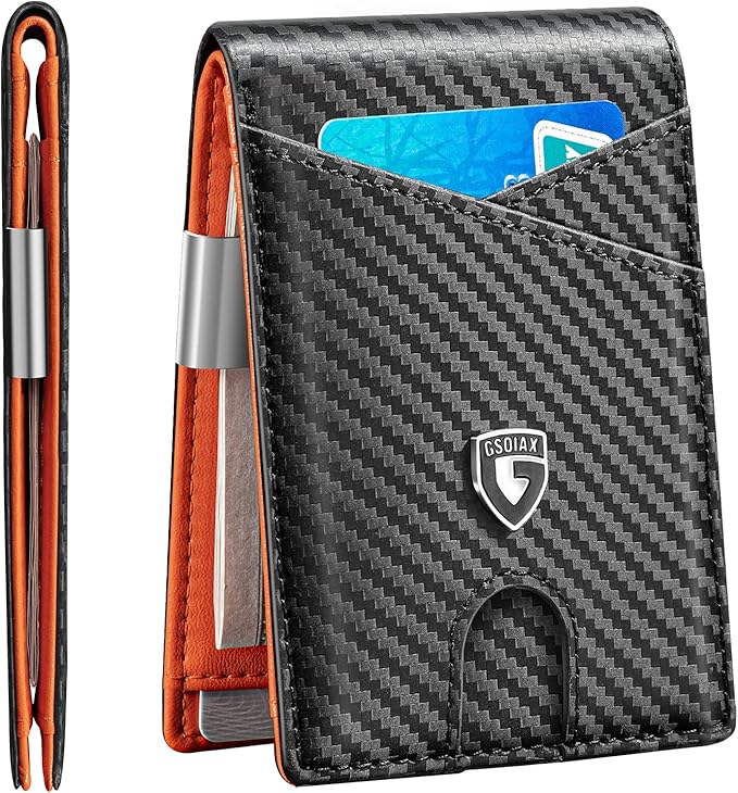 GSOIAX Slim Leather RFID Bifold Wallet for Men Minimalist Front Pocket Wallet with Money Clip,12 Card Slots,ID Window,Cool Groove Design,Includes Gift Box (Carbon Orange)