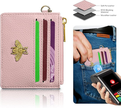 SEAVILIA Card Holder Keychain Wallet for Women with ID Window RFID Blocking Coin Purse Bee Gifts Slim Minimalist Small PU Leather