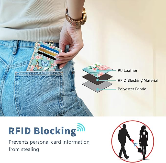 Lanyard Wallet with Id Badge Holder, Butterfly RFID Small Keychain Wallet Women Wristlet, Cute Zipper Credit Card Holder Phone Wrist Neck Strap for Key Name Tag, Teacher Student Office Gifts