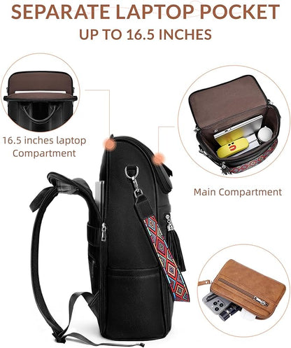 SYTRAH Leather Laptop Backpack for Women Designer Laptop Bag, 16.5 inch Travel Computer Backpacks Purse with Tassel for Work Business with Satchel Purse Black
