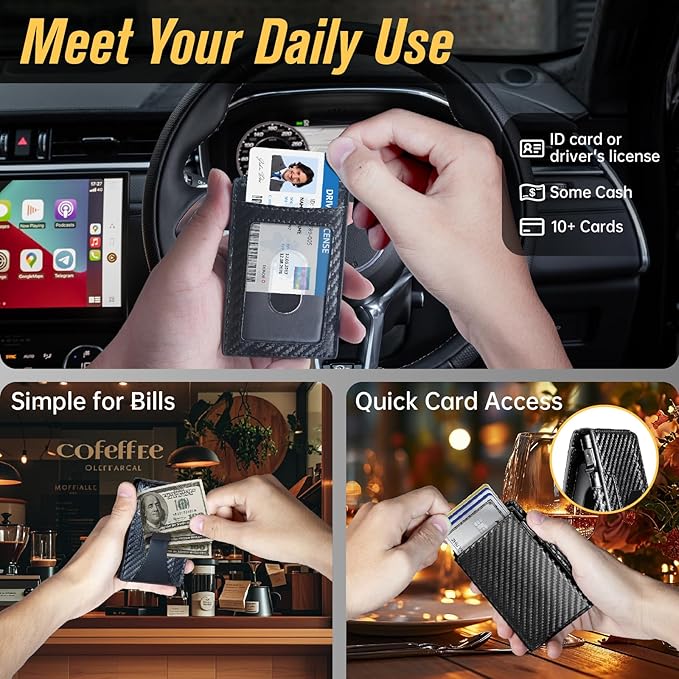 Wallet for Men, RFID Blocking Pop Up Wallet, Bifold Slim Minimalist Credit Card Holder for 9-14 Cards, Front Pocket Aluminum Card Case with ID Window, Money Clip, Gifts for Men
