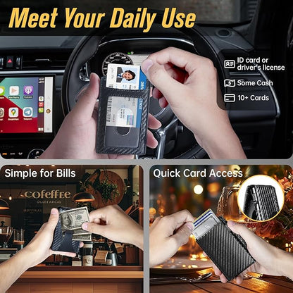 Wallet for Men, RFID Blocking Pop Up Wallet, Bifold Slim Minimalist Credit Card Holder for 9-14 Cards, Front Pocket Aluminum Card Case with ID Window, Money Clip, Gifts for Men