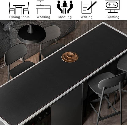 ZORESYN PU Leather Desk Mat Waterproof Anti-Oil Dining Table mat - 66.9" x 19.7" - Non-Slip Mouse Pad,Large Desk Pad with Suede Base,Stitched Edges Computer Desk Mat for Gamer,Office & Home | Black