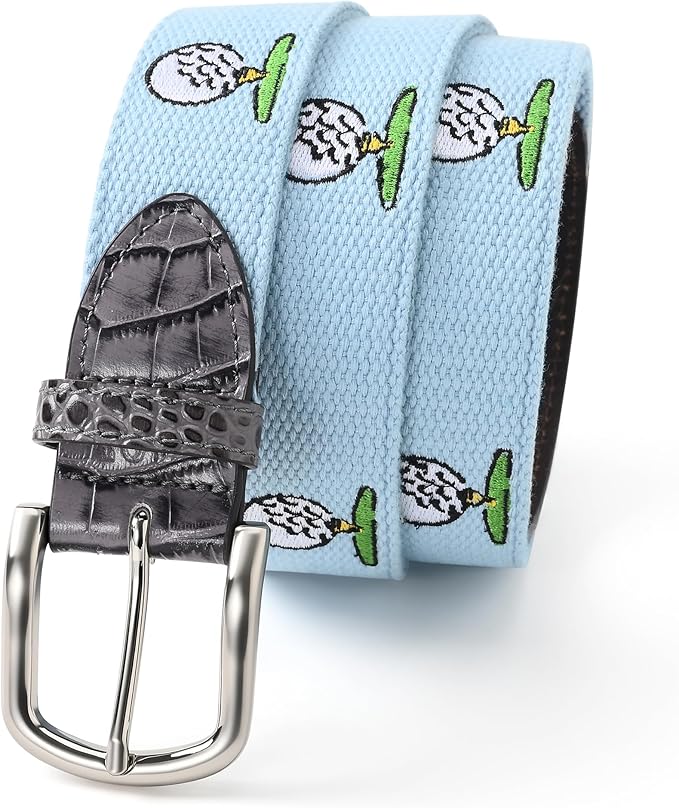 Mile High Life Golf Belts for Men, Canvas Belt with Genuine Leather Tips, Embroidered 2 Layer Web Belt with Pin Buckle