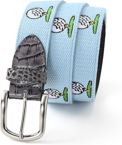 Mile High Life Golf Belts for Men, Canvas Belt with Genuine Leather Tips, Embroidered 2 Layer Web Belt with Pin Buckle
