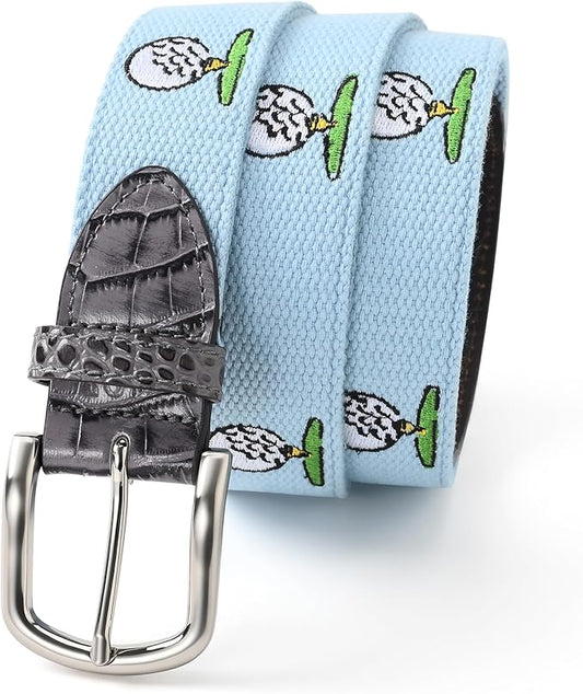 Mile High Life Golf Belts for Men, Canvas Belt with Genuine Leather Tips, Embroidered 2 Layer Web Belt with Pin Buckle