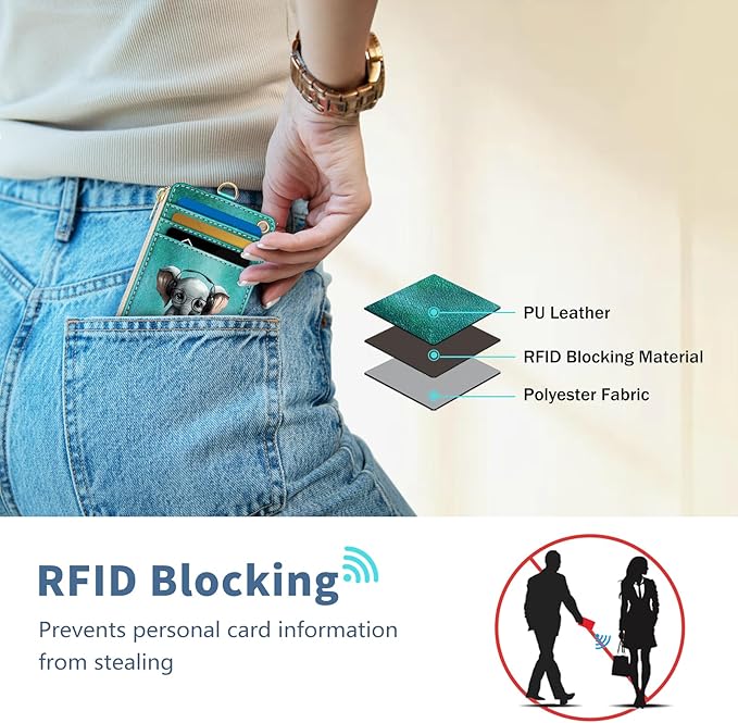 Lanyard Wallet with Id Badge Holder, Elephant RFID Small Keychain Wallet Women Wristlet, Cute Zipper Credit Card Holder Phone Wrist Neck Strap for Key Name Tag, Teacher Student Office Gifts