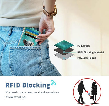Lanyard Wallet with Id Badge Holder, Elephant RFID Small Keychain Wallet Women Wristlet, Cute Zipper Credit Card Holder Phone Wrist Neck Strap for Key Name Tag, Teacher Student Office Gifts