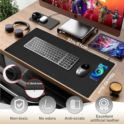 Desk Mat with Wireless Charging, Black Mouse Pad with Wireless Charger, Desk Pad Matt for Desktop, Mousepad Gaming Large Mouse Pad, Leather Compute for Keyboard and Mouse, 32" x 16"