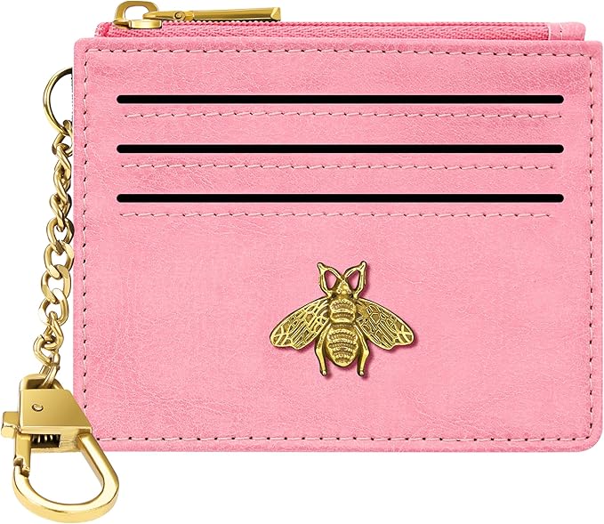 SEAVILIA Card Holder Keychain Wallet for Women with ID Window RFID Blocking Coin Purse Bee Gifts Slim Minimalist Small PU Leather