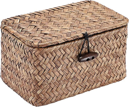 Hipiwe Seagrass Basket Key Holder Box for Entryway Tabletop Desk Organizer with Lid Handwoven Wicker Storage Bin for Hair Ties Candy, 6.1"L x 4.0"W x 3.3"H