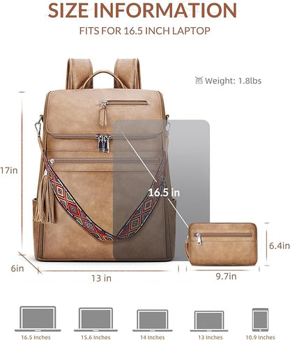 SYTRAH Leather Laptop Backpack for Women Designer Laptop Bag, 16.5 inch Travel Computer Backpacks Purse with Tassel for Work Business with Satchel Purse Camel Brown