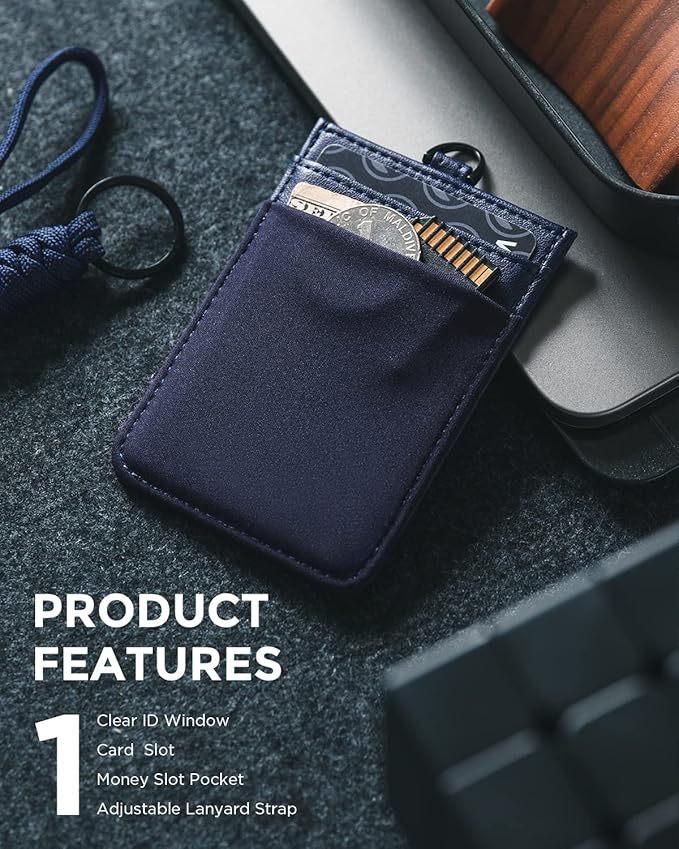 VULKIT ID Badge Holder with Lanyard for Women and Men Vertical Leather Badge Holder with Clear ID Window Card Holder Slot and Money Pocket Navy