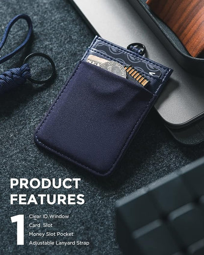VULKIT ID Badge Holder with Lanyard for Women and Men Vertical Leather Badge Holder with Clear ID Window Card Holder Slot and Money Pocket Navy