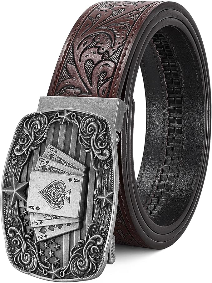 Cowboy Western Ratchet Belt for Men Women with Automatic Western Buckle, Ratchet Cowboy Leather Belt for Jeans Gifts